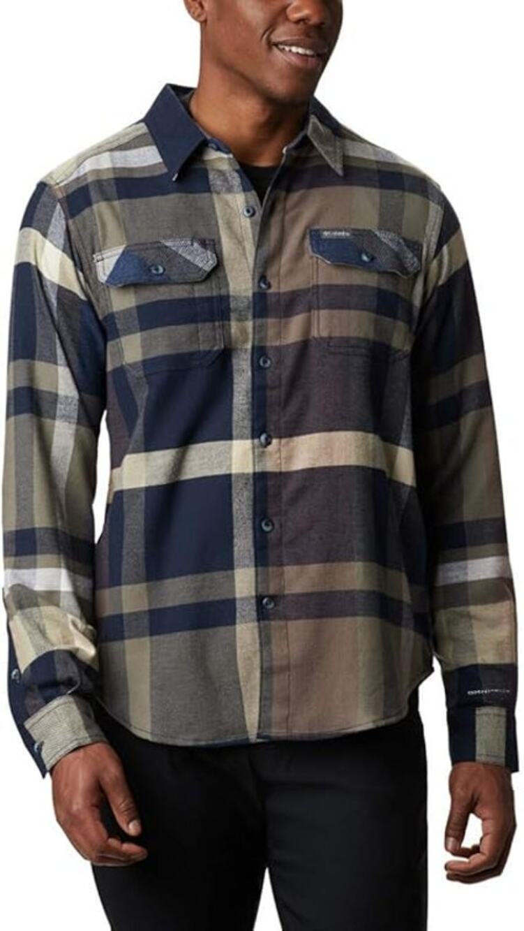 COLUMBIA Men's Flare Gun Stretch Flannel Size L In Collegiate Navy Big Check